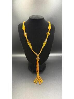 Antique Art Deco 1920s Faceted Amber Glass Bead Tassel Necklace
